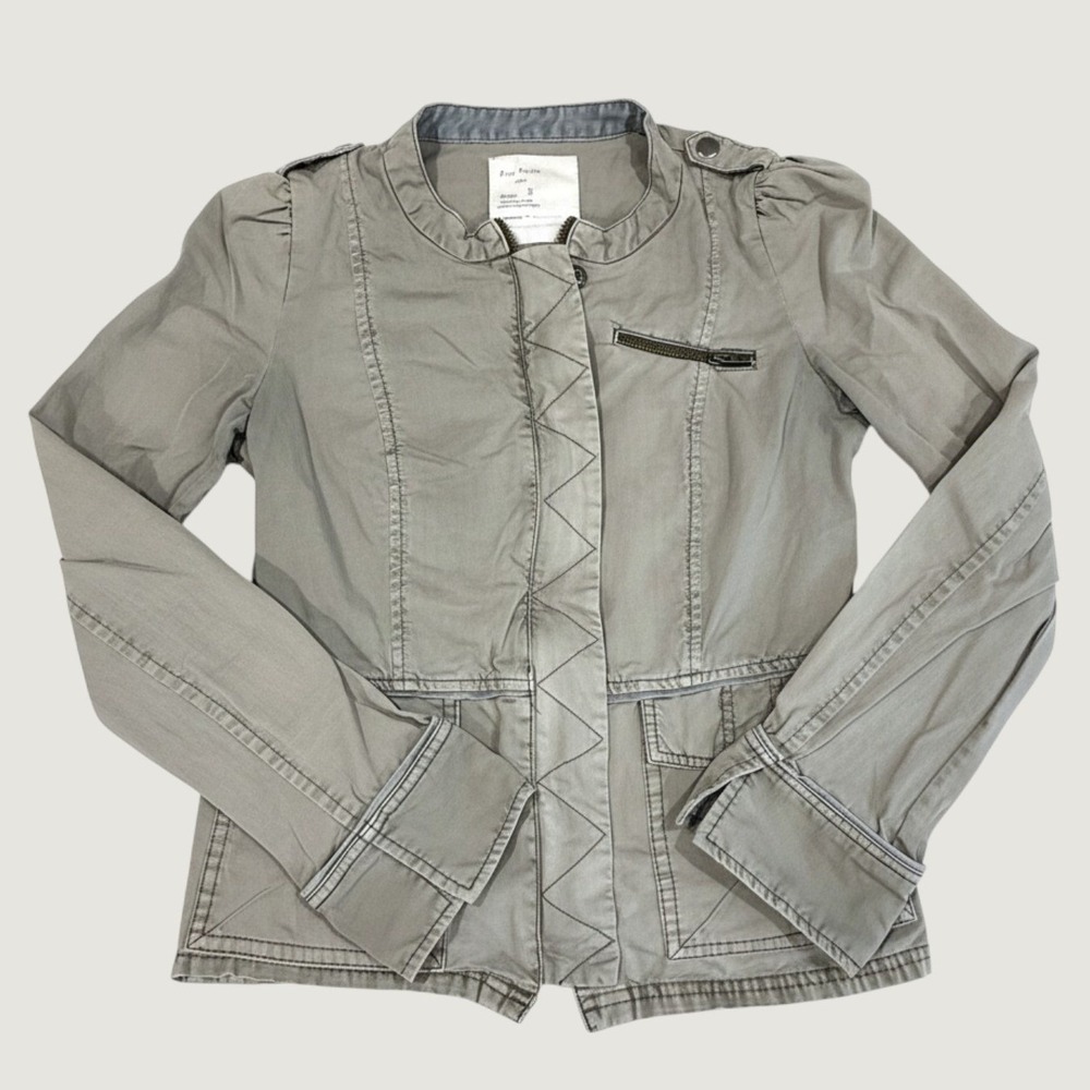Free People 1970 Military Utility Jacket Green Cotton Puff Shoulder Size 8